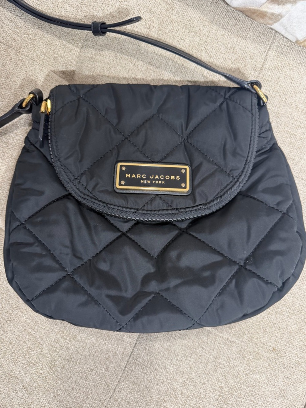 Marc Jacobs Black Quilted Nylon Crossbody with Gold Plaque
